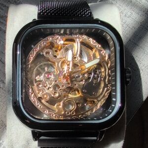 Black Skeleton Mechanical Smart-Style Watch with Rose Gold Movement